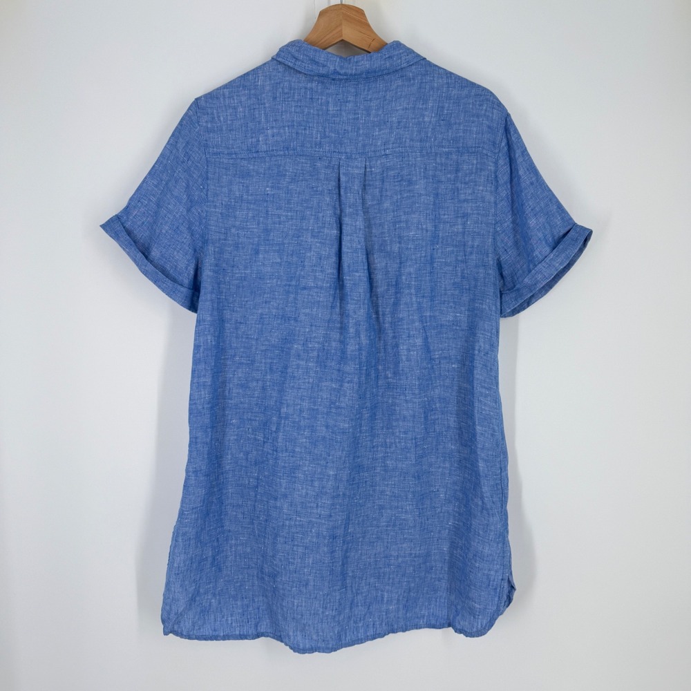 Christian Siriano Blue 100% Linen Short Sleeve Button Up Shirt Tunic Large - Picture 6 of 7